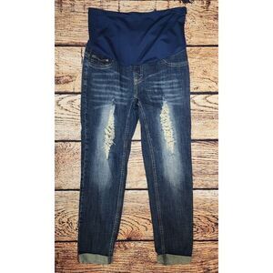 Angel Kiss Women's Maternity XL Crop Skinny Jeans Blue Distressed Stretch Denim